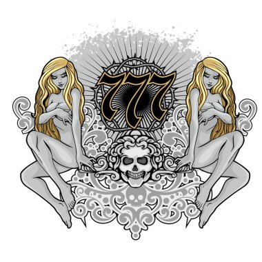 Gotik işaretiyle kafatası ve seksi kızlar, grunge vintage tasarım t shirt