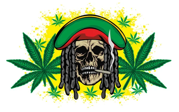 Rastafarianin Znak Czaszki Dredy Liść Konopi Grunge Vintage Design Koszulki — Wektor stockowy