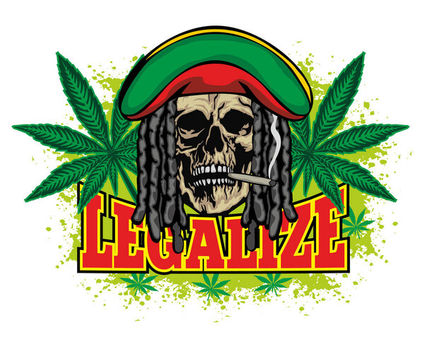 rastafarian sign with skull and dreadlocks,cannabis leaf, grunge vintage design t shirts