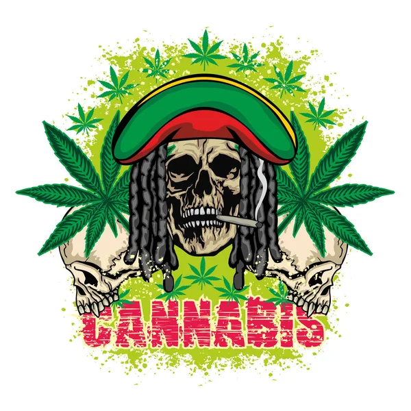 Rastafarian Sign Skull Dreadlocks Cannabis Leaf Grunge Vintage Design Shirts — Stock Vector