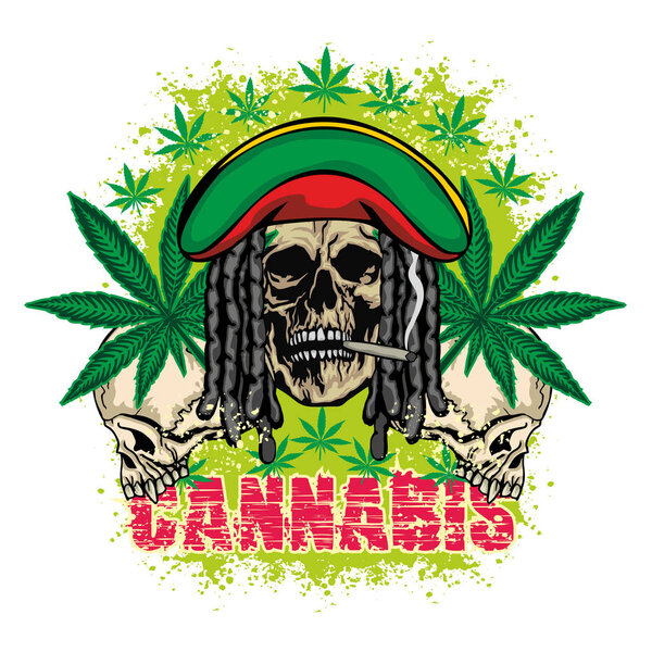 rastafarian sign with skull and dreadlocks,cannabis leaf, grunge vintage design t shirts