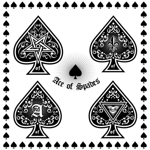  playing card sign, ace of spades with skull, set