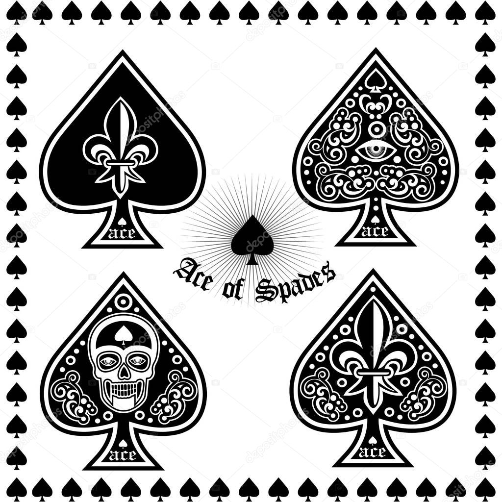  playing card sign, ace of spades with skull, set