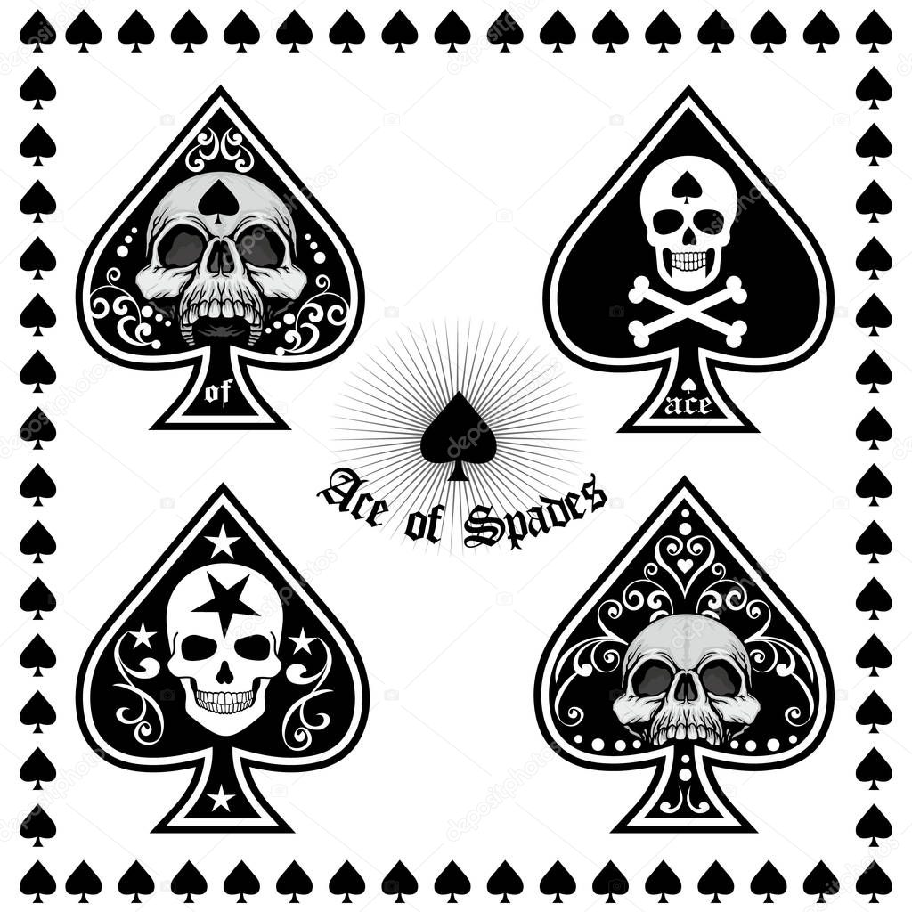  playing card sign, ace of spades with skull, set