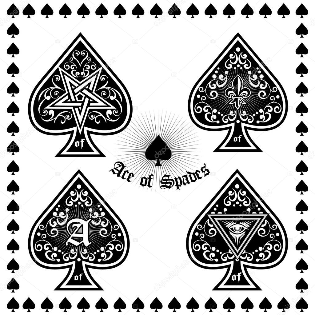  playing card sign, ace of spades with skull, set