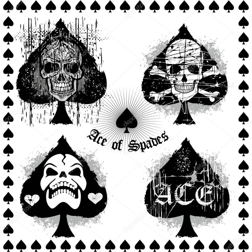  playing card sign, ace of spades with skull, set