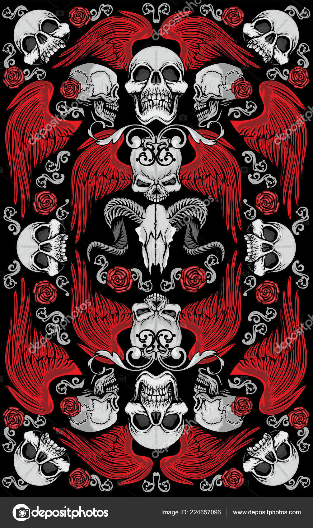 Gothic Texture Pattern Skull Red Wings Grunge Vintage Design Shirts - Stock...