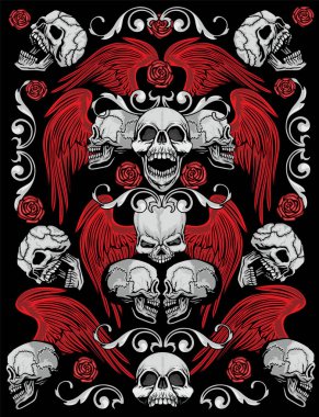 Gotik doku, desen kafatası ve kırmızı kanatlı, grunge vintage tasarım t shirt
