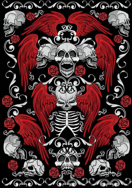 Gothic texture,pattern with skull and red wings, grunge vintage design t shirts