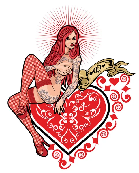 Ace Heart Sexy Tattooed Girl Grunge Vintage Design Shirts — Stock Vector