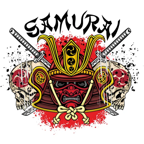 Máscara Agresiva Samurai Con Cráneo Grunge Vintage Diseño Camisetas — Vector de stock