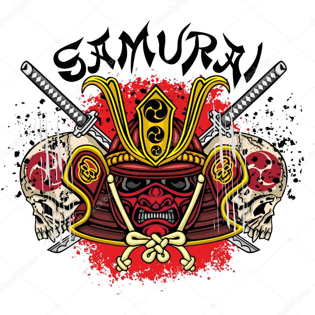 aggressive samurai mask with skull, grunge vintage design t shirts