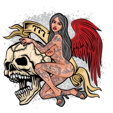 Gotik işaretiyle kafatası ve Seksi dövmeli kızlar, grunge vintage tasarım t shirt