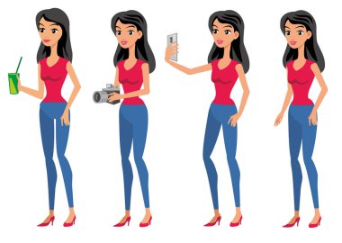 karakter genç kadın, iş, model, kroki, fotoğraf makinesi, stil