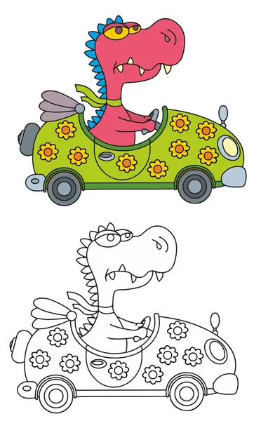 Kolorowanki Dla Dzieci Śmieszne Zwierzęta Śmieszne Smoka Samochodzie — Wektor stockowy