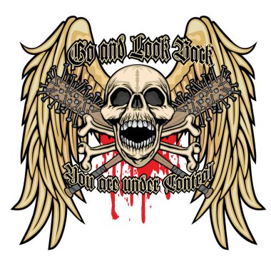 Kafatası ve kanatlı gotik tabela, grunge vintage tasarım tişörtler