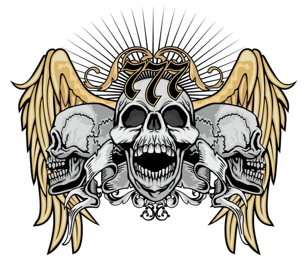 哥特式标志与头骨 和翅膀的格子复古设计T恤 — 图库矢量图片