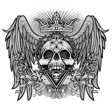 Kafatası ve kanatlı gotik tabela, grunge vintage tasarım tişörtler