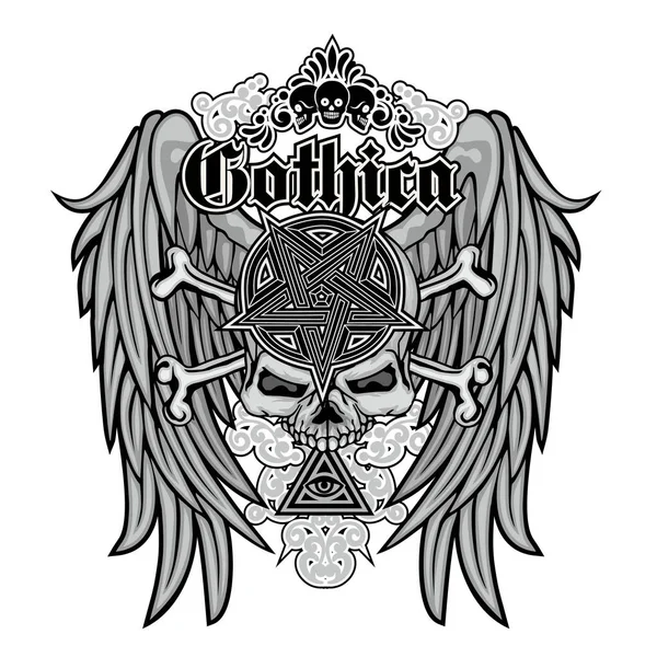 Gotický Znak Lebkou Křídly Grunge Vintage Design Trička — Stockový vektor