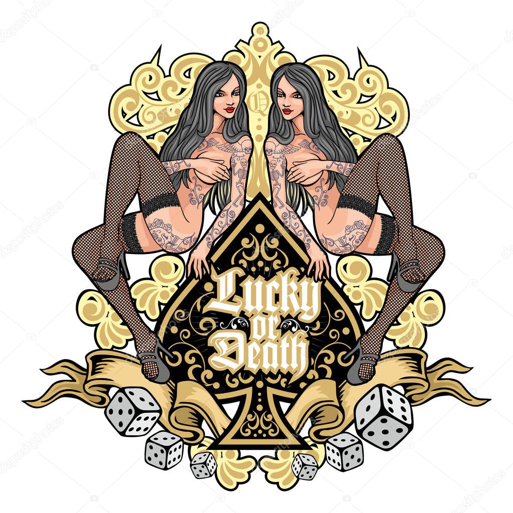 ace of spades with sexy tattooed girls, grunge vintage design t shirts