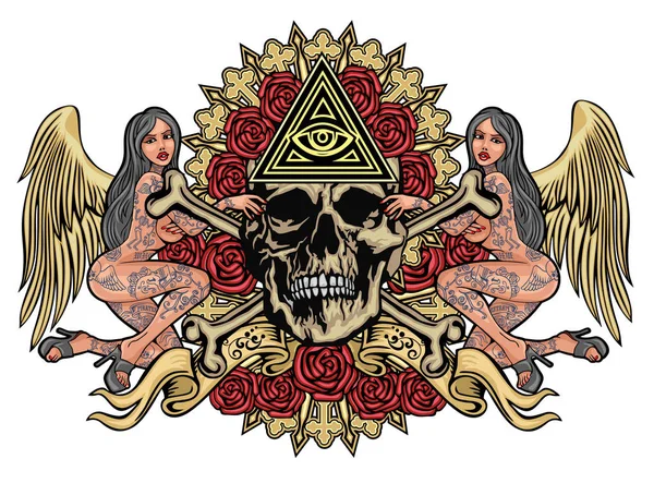 Gotisch Bord Met Schedel Sexy Getatoeëerde Meisjes Eye Providence Grunge — Stockvector