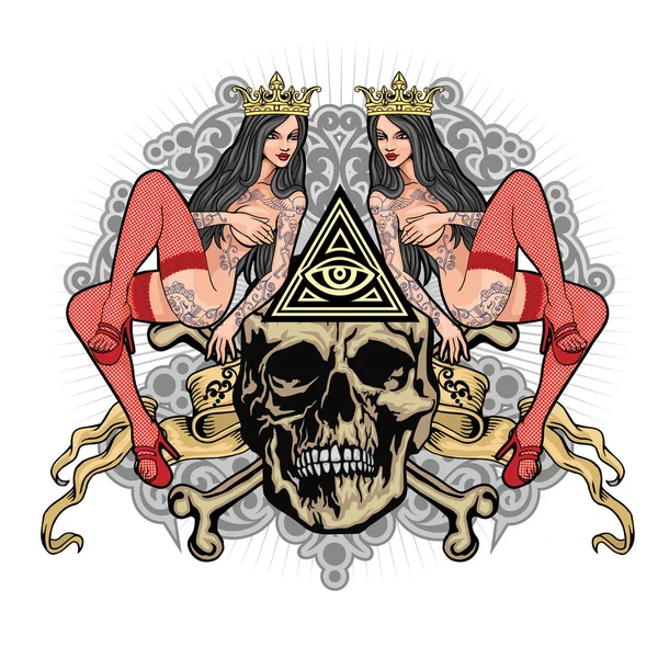 Gotický Znak Lebkou Sexy Tetované Dívky Eye Providence Grunge Vintage — Stockový vektor