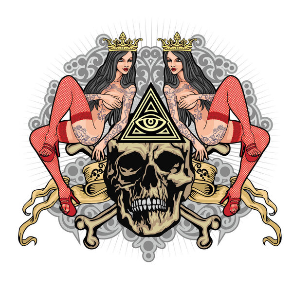 Gothic sign with skull and sexy tattooed girls and Eye of Providence, grunge vintage design t shirts