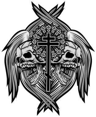 Haçlı kafatası ile gotik tabela, grunge vintage tasarım tişörtler