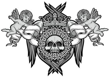 Kafatası ve kanatlı gotik tabela, grunge vintage tasarım tişörtler