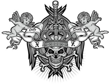 Kafatası ve kanatlı gotik tabela, grunge vintage tasarım tişörtler