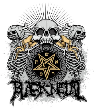 Kafatası ve pentagram ile gotik tabela, grunge vintage tasarım tişörtler