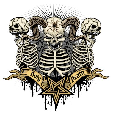 Kafatası ve pentagram ile gotik tabela, grunge vintage tasarım tişörtler