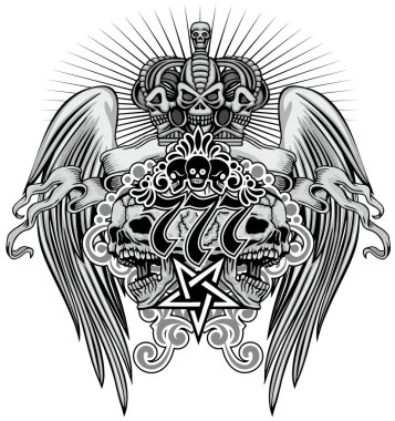 Kafatası ve kanatlı gotik tabela, grunge vintage tasarım tişörtler