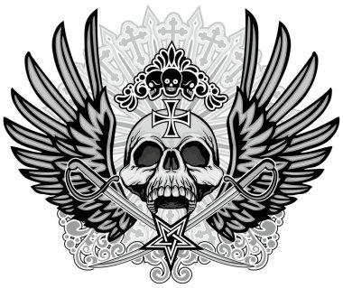 Kafatası ve kanatlı gotik tabela, grunge vintage tasarım tişört