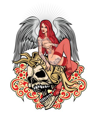 Gotik işaretiyle kafatası ve Seksi dövmeli kızlar, grunge vintage tasarım t shirt
