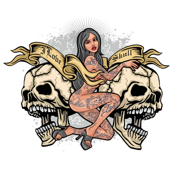 Γοτθική Πινακίδα Κρανίο Και Σέξι Κορίτσια Τατουάζ Grunge Vintage Shirts — Διανυσματικό Αρχείο