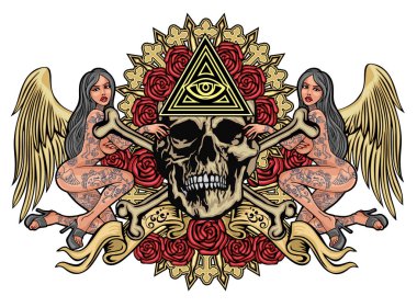 Gotik işaretiyle kafatası ve Seksi dövmeli kızlar, grunge vintage tasarım t shirt