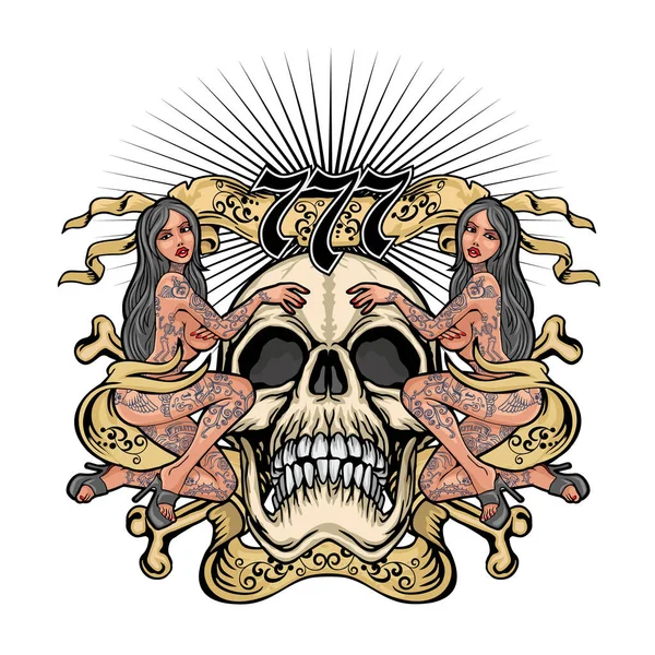 Γοτθικό Σύμβολο Κρανίο Και Σέξι Τατουάζ Κορίτσια Grunge Σχέδιο Vintage — Διανυσματικό Αρχείο