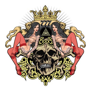 Gotik işaretiyle kafatası ve Seksi dövmeli kızlar, grunge vintage tasarım t shirt