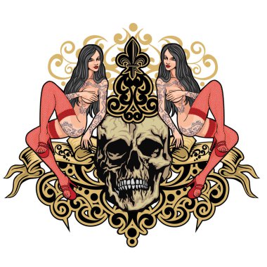 Gotik işaretiyle kafatası ve Seksi dövmeli kızlar, grunge vintage tasarım t shirt
