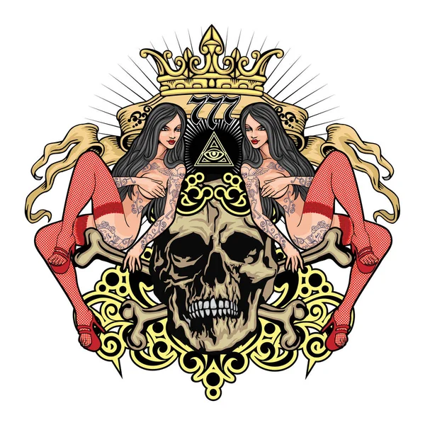 Gotik Işaretiyle Kafatası Seksi Dövmeli Kızlar Grunge Vintage Tasarım Shirt — Stok Vektör