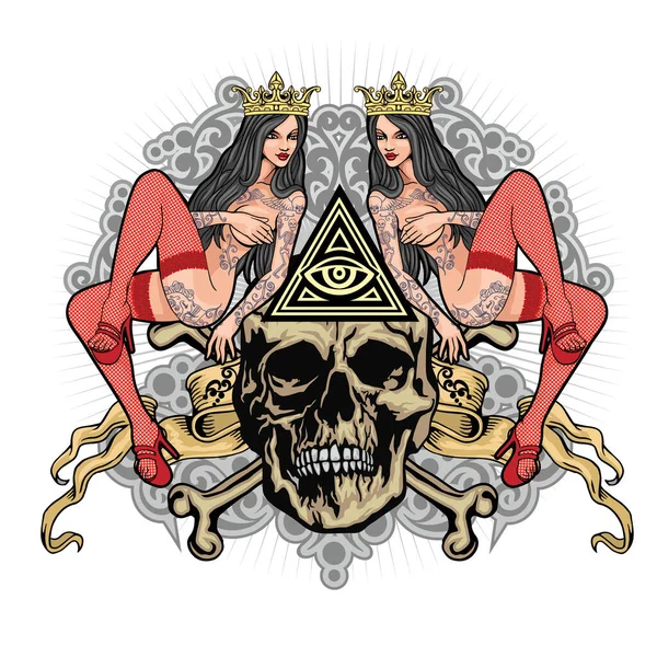 Gotik işaretiyle kafatası ve Seksi dövmeli kızlar, grunge vintage tasarım t shirt