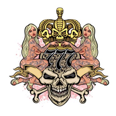 Gotik işaretiyle kafatası ve Seksi dövmeli kızlar, grunge vintage tasarım t shirt