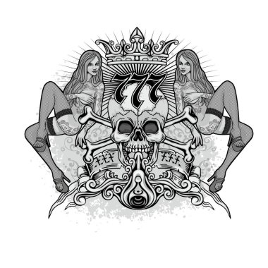 Gotik işaretiyle kafatası ve Seksi dövmeli kızlar, grunge vintage tasarım t shirt