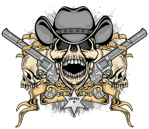 帽子と銃のカウボーイの頭蓋骨グランジヴィンテージデザインTシャツ — ストックベクタ