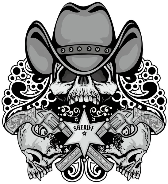 Cráneo Vaqueros Sombrero Pistolas Camisetas Diseño Vintage Grunge — Vector de stock