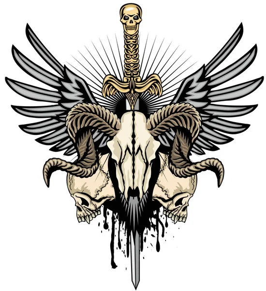 頭蓋骨と翼を持つゴシックサイン グランジヴィンテージデザインTシャツ — ストックベクタ