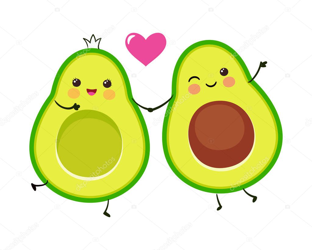 Cute avocado couple. Cartoon Valentines day greeting card. Vector funny picture.