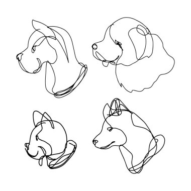 Sürekli çizgi köpek kümesi içerir 4 doğurmak: büyük dane, geri almak, Fransız buldozer ve dış yapraklar. Yaratıcı el çizili stil. 