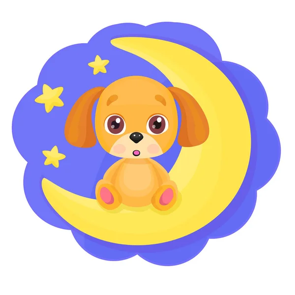 Bonito desenho animado pequeno cão sentado na lua com estrelas brilhantes de fundo. Impressão infantil, boa noite ou modelo de cartão de saudação. Ilustração vetorial para o seu design . — Vetor de Stock